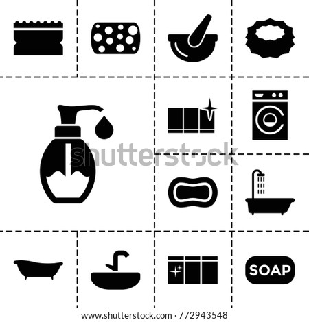 Wash icons. set of 13 editable filled wash icons such as shower, washing machine, sponge, clean window, soap, bucket, bath, soap