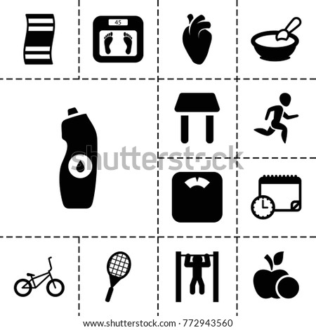Lifestyle icons. set of 13 editable filled lifestyle icons such as porridge, floor scales, water bottle, fitness carpet, heart organ, bar   tightening, tennis rocket, bicycle