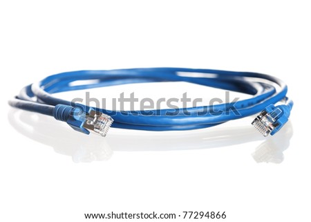 Close up of blue wound-up network cable with reflection, isolated on white background.