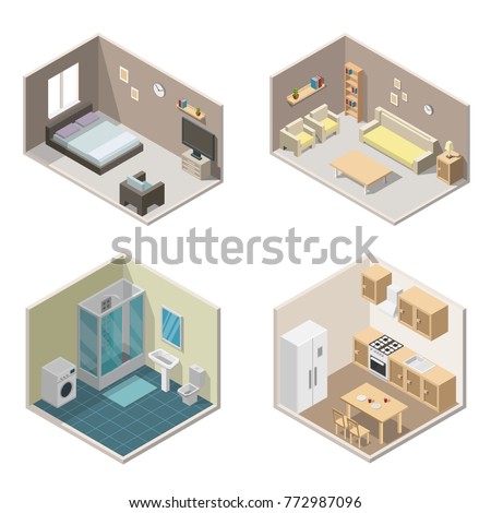 Isometric interior vector illustration modern set of bathroom, kitchen, living room, bedroom.