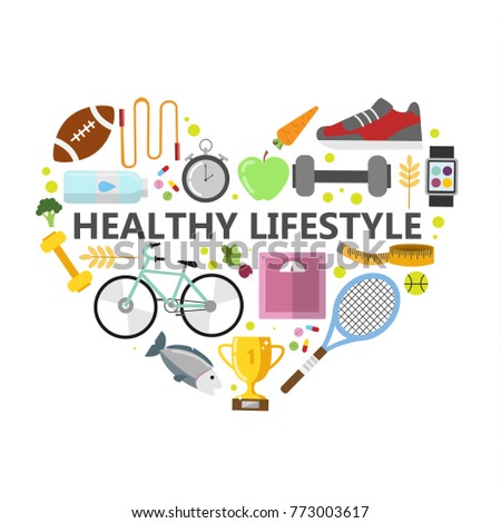 Healthy lifestyle illustration. Heart-shaped collection of items.