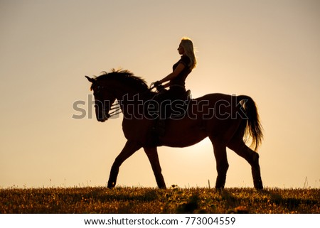 Cowboy silhouette on a horse during nice sunset. Silhouette of a girl on horse.