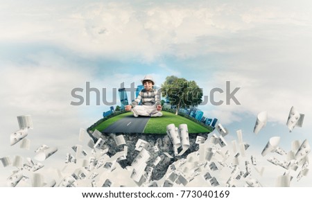 Young little boy keeping eyes closed and looking concentrated while meditating on flying island among flying papers with cloudy skyscape on background. 3D rendering.