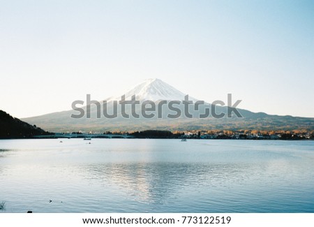 Film photo of Reflection Fujisan or Fuji mountain in the morning at Kawaguchiko (Lake Kawaguchi),Japan .
