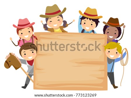 Illustration of Stickman Kids Wearing Cowboy Costume and Holding a Toy Horse, Rope and Blank Wooden Board