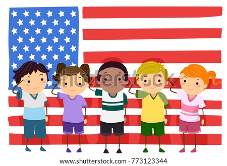 Illustration of Stickman Kids Saluting in Front of an American Flag