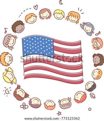 Illustration of Stickman Kids Head Surrounding American Flag