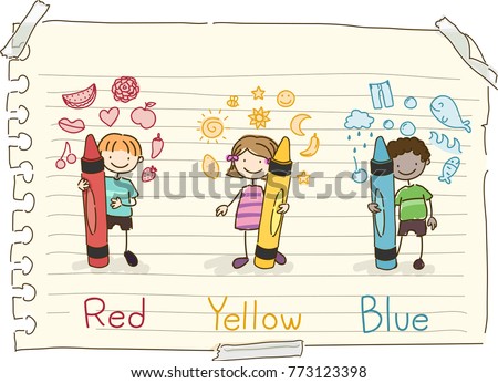Illustration of Stickman Kids Holding Crayons in Basic Colors from Red, Yellow to Blue with Colored Doodles on Paper