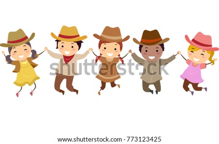 Illustration of Stickman Kids Wearing Cowboy Costume with Hat Jumping High Up