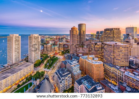 Boston, Massachusetts, USA downtown cityscape at dusk over Atlantic Avenue