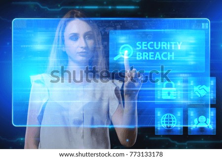 The concept of business, technology, the Internet and the network. A young entrepreneur working on a virtual screen of the future and sees the inscription: Security breach