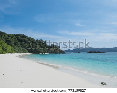 Beautiful beach with clear sky. White sand beach on the island. It is clear blue sea. There are green trees on the mountain on the island. There are some cloud on the blue clear sky.