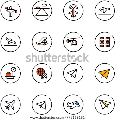 line vector icon set - traffic controller vector, runway, plane radar, departure, arrival, trap truck, helicopter, seats, baggage scales, globe, paper fly, toy