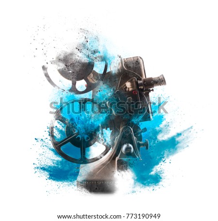 Old film projector with exploding style isolated on white