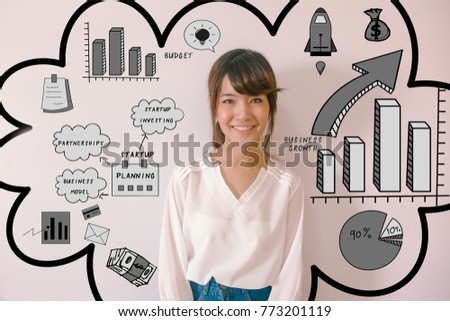 Young Asian business woman with mixed finance business doodles. Entrepreneurship Startup business concept