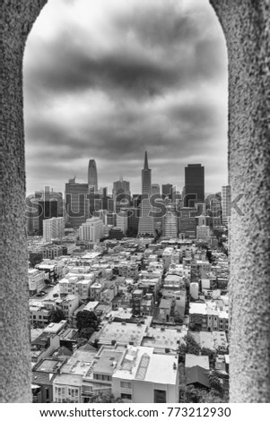 San Francisco skyline framed by Coit Tower Architecture.