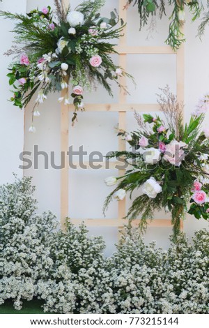 Flower bouquet,Wedding flower composition. Wedding interior and White cutter flower,White Golden rod,White Solidago canadensis