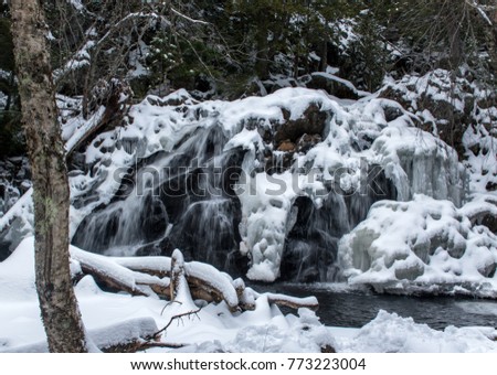 Frozen waterfall at high shutter speed during a winter day. When the cold is strong enough to make ice in some parts but not frozen it entirely.