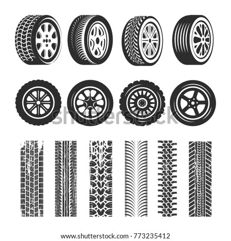 Car tires and track traces vector isolated icons of tire tread pattern Royalty-Free Stock Photo #773235412