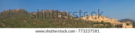 Panoramic view of the Amber and Jaigarh Fort and surroundings, Amer, Rajasthan, India