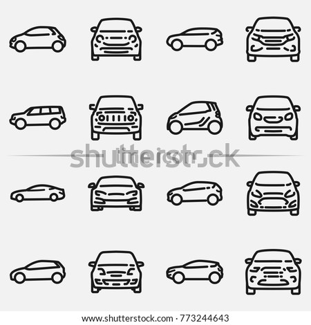 Set of various cars front and side view outline vector icon.