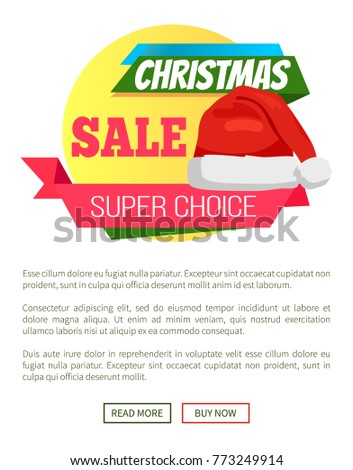 Super choice Christmas sale promo label Santa Claus hat, ribbon with text on background of geometric elements advertisement badge on online poster