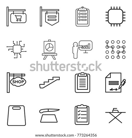 Thin line icon set : shop signboard, clipboard, chip, presentation, stairs, inventory, cutting board, list, iron