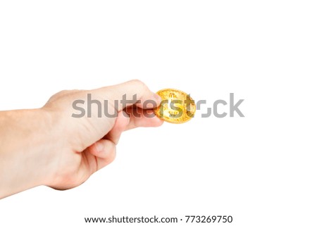 Bitcoin with hand on isolated background