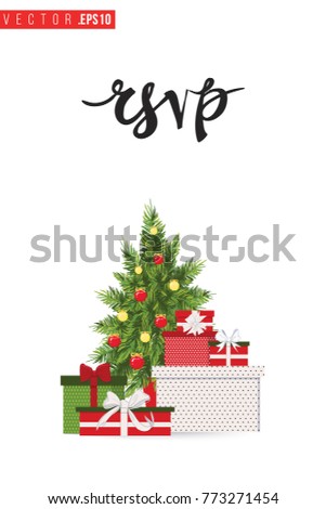 Xmas greeting card with fir tree with gifts and text: rsvp. Cute composition for Merry Christmas and New Year celebration. Isolated vector art on white background.