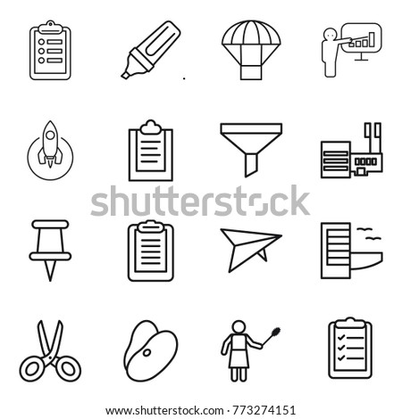 Thin line icon set : clipboard, marker, parachute, presentation, rocket, funnel, mall, pin, deltaplane, hotel, scissors, beans, woman with duster, list
