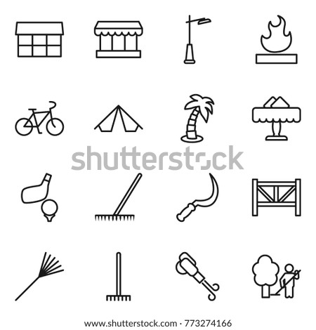 Thin line icon set : market, outdoor light, flammable, bike, tent, palm, restaurant, golf, rake, sickle, farm fence, blower, garden cleaning