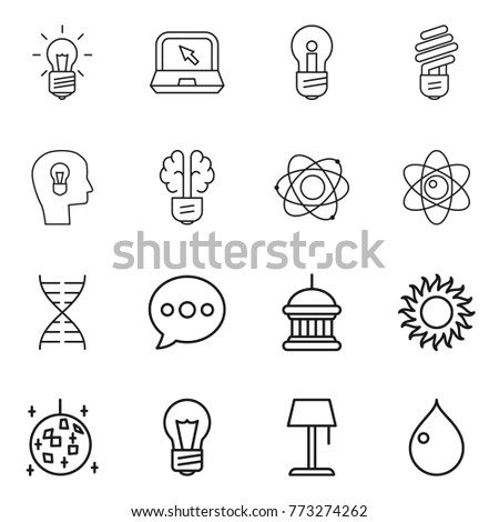 Thin line icon set : bulb, notebook, head, brain, atom, dna, balloon, goverment house, sun, disco ball, floor lamp, drop