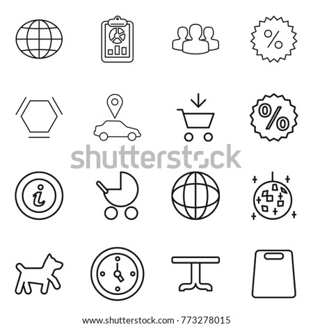 Thin line icon set : globe, report, group, percent, hex molecule, car pointer, add to cart, info, baby stroller, disco ball, dog, watch, table, cutting board