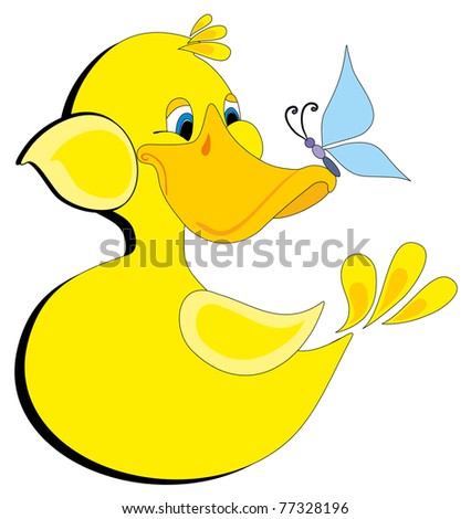 Vector illustration. Duck and butterfly.