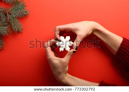 Concept Christmas Celebration, cookie in shape of snowflake in female hands, on red background,