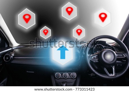 interior vehicle for customer.This car technology digital virtual screen icon and Wireless communication connecting internet in car technology for transport, automotive, driver image