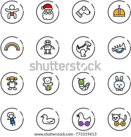 line vector icon set - baby vector, santa claus, dog, crown, rainbow, robot, dinosaur toy, horn, doll, bear, caterpillar, rabbit, duck, cat