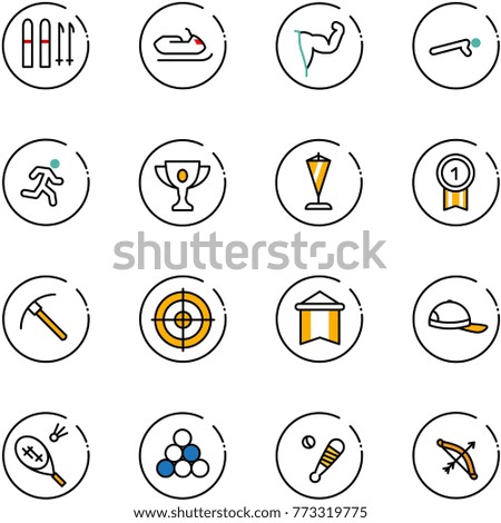 line vector icon set - ski vector, snowmobile, power hand, push ups, run, gold cup, pennant, medal, rock axe, target, cap, badminton, billiards balls, baseball bat, bow
