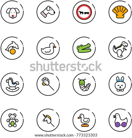 line vector icon set - dog vector, no cart horse road sign, shell, dolphin, duck toy, crocodile, dinosaur, rocking, stick, caterpillar, rabbit, bear, unicorn