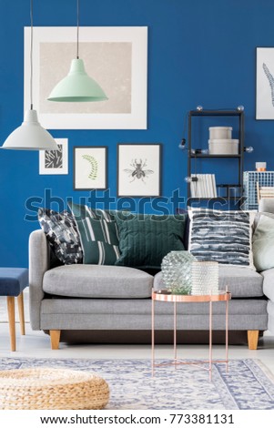 Big grey sofa with decorative cushions in a blue room with gallery of pictures on the wall