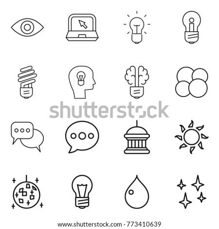 Thin line icon set : eye, notebook, bulb, head, brain, atom core, discussion, balloon, goverment house, sun, disco ball, drop, shining