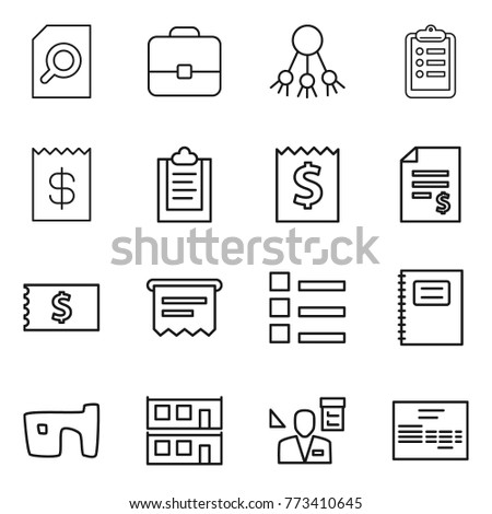 Thin line icon set : search document, portfolio, share, clipboard, receipt, account balance, atm, list, copybook, slum, modular house, architector, invoice