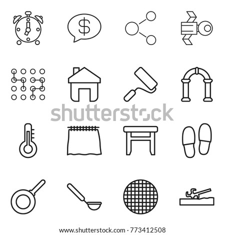Thin line icon set : alarm clock, money message, molecule, satellite, chip, home, repair, arch, thermometer, curtain, stool, slippers, pan, ladle, sieve, soil cutter