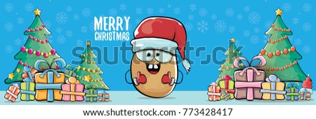 vector funky cartoon smiling santa claus potato with red santa hat and calligraphic christmas text on horizontal blue background with cristmas tree and gift boxes. vegetable funky christmas character