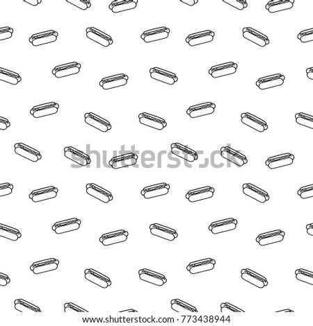 Hand drawing of seamless doodle hot dog pattern in black thin line on white background. Repeating junk food on black and white color.