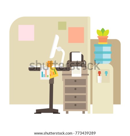 Office scene background with a working place with a standing desk, printer and a water cooler, vector illustration 