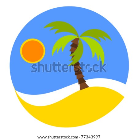 Dreaming vacation: round emblem or logo with beach and palm. Vector illustration