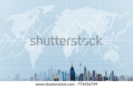 City skyline with global map and stock statistics graph .