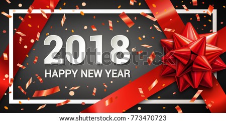 Stock Vector 2018 Happy New Year background with red gift bow, ribbon and confetti