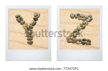 Alphabet. Picture Frames featuring characters from sea stones in the sand.Two letters.